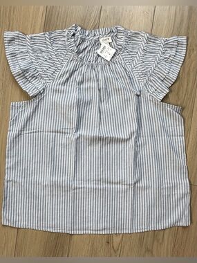 J. Crew Blue & White Striped Flutter Sleeve Blouse Sz L